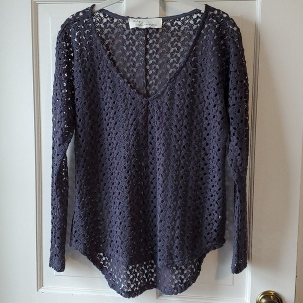 VINTAGE HAVANA V-NECK DROPPED SLEEVE SWEATER GRAY CROCHET LACE BOHO